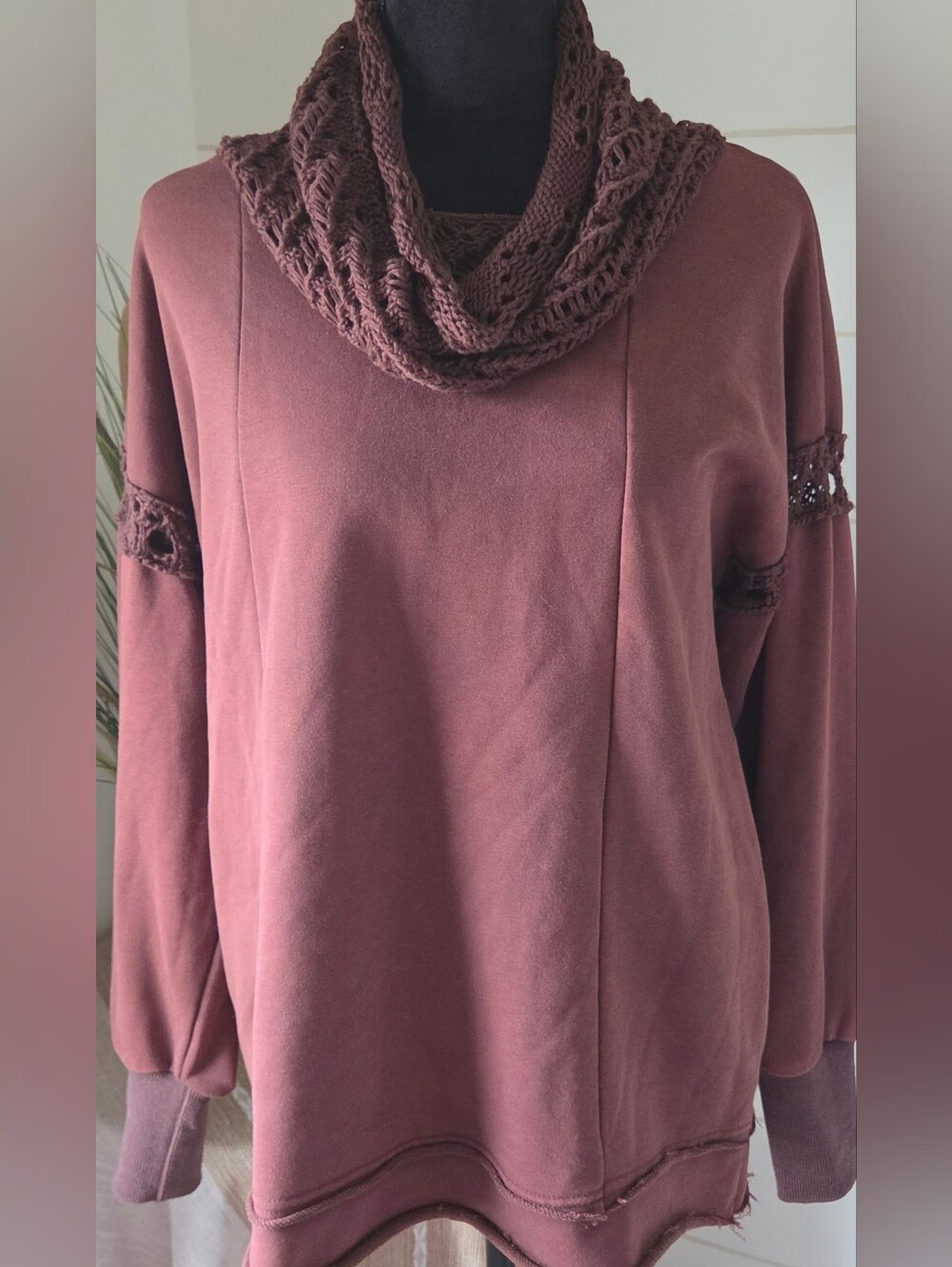 Gimmicks Brown Crochet Cowl Neck Pullover S French Terry Western Boho